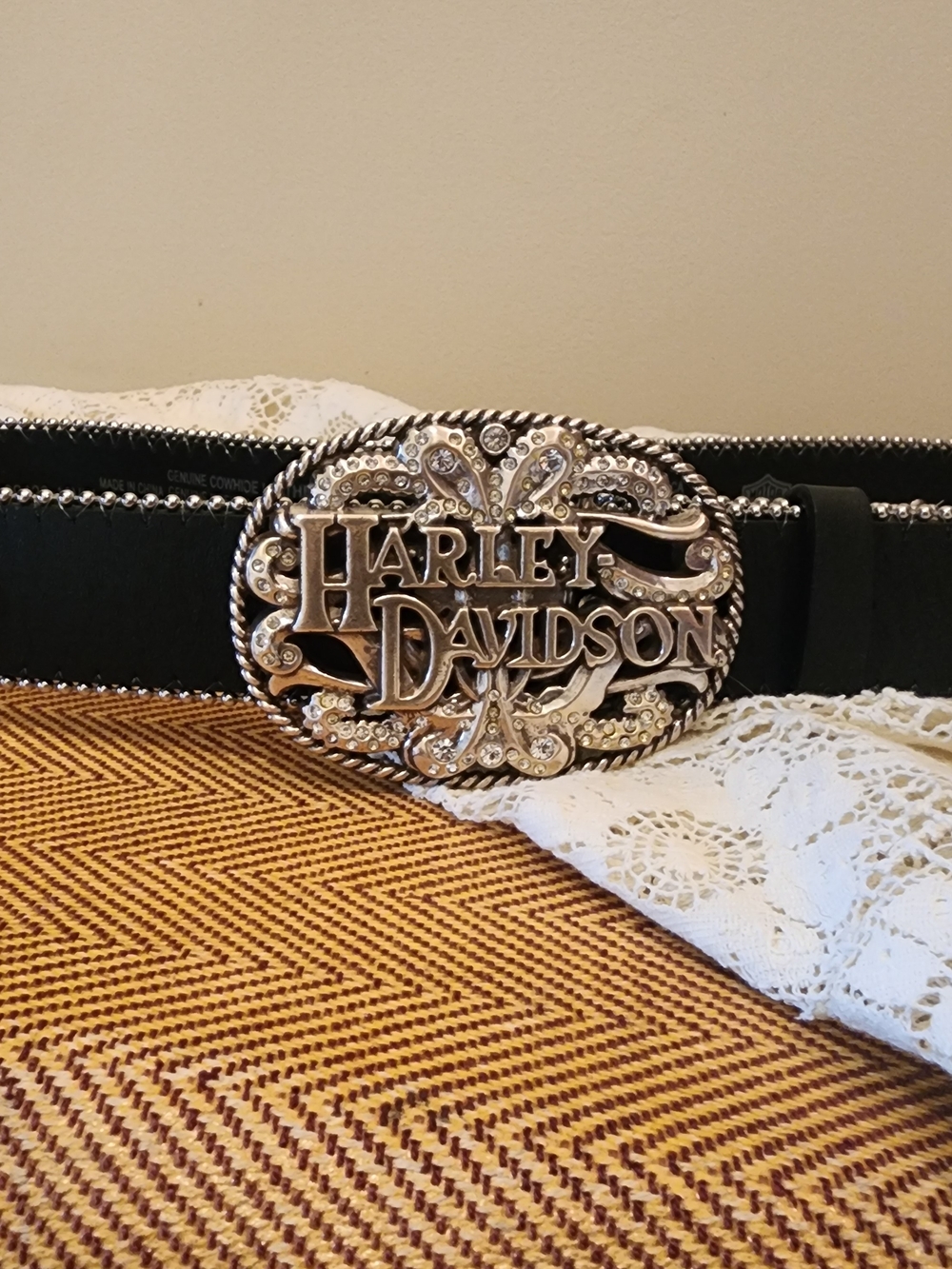 Harley-Davidson Black Leather Belt with Ornate Silver Logo Buckle